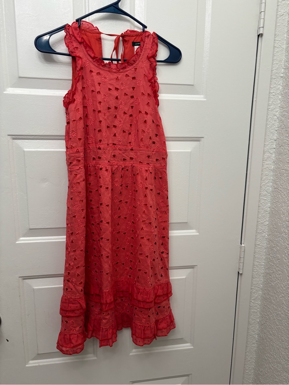 J crew coral lace embroidered dress w/ ruffle trim